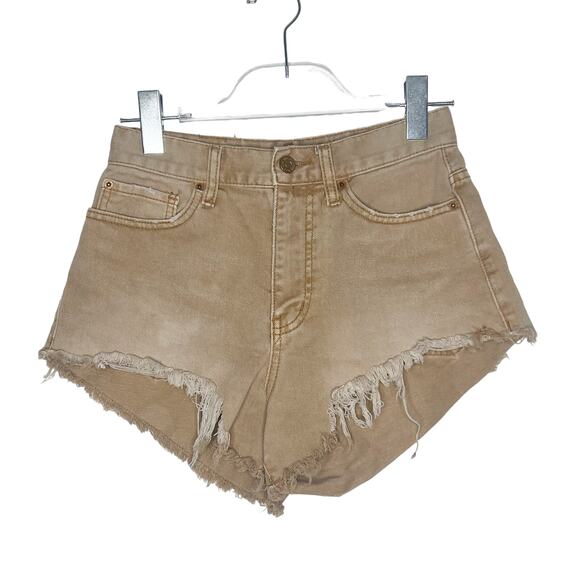 BDG by URBAN OUTFITTERS Cheeky High Rise Denim Shorts Frayed Hem Beige Size 26 - Picture 4 of 9